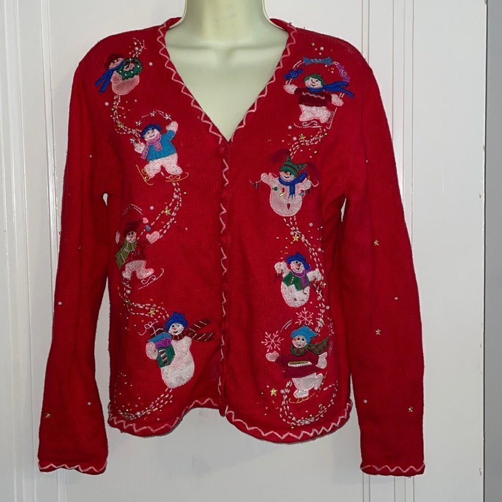 Vtg Hampshire Studio Snow‎ red button up Christmas sweater with snowmen